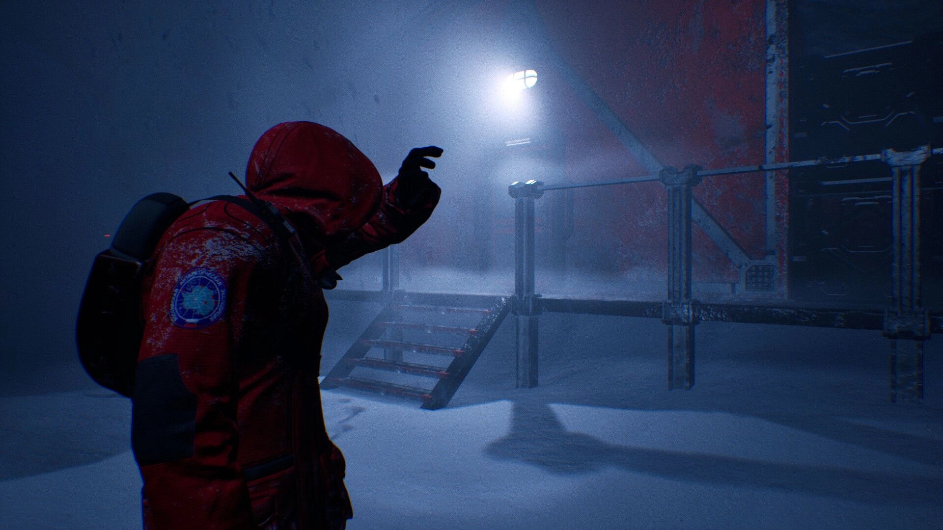 The Black Ice: Explorer in red parka approaches icy research facility entrance under dim lighting.