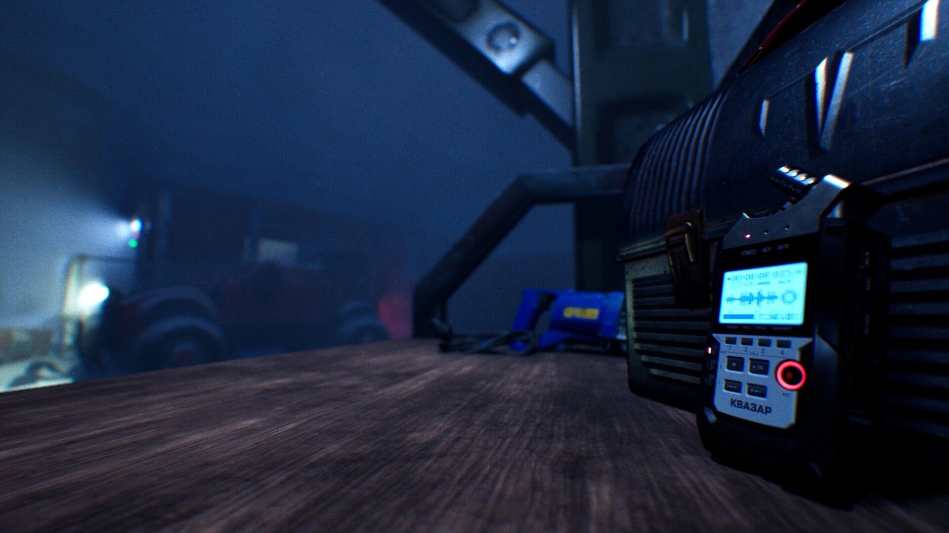 The Black Ice: Portable radio device on table in dimly lit Antarctic research facility with vehicle nearby