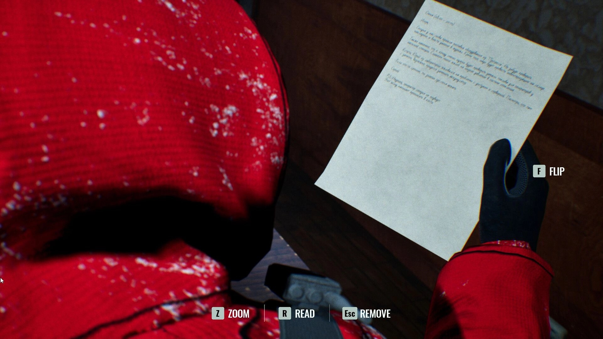 The Black Ice: Player examines a mysterious letter in a snowy red jacket with controls visible in Antarctica.