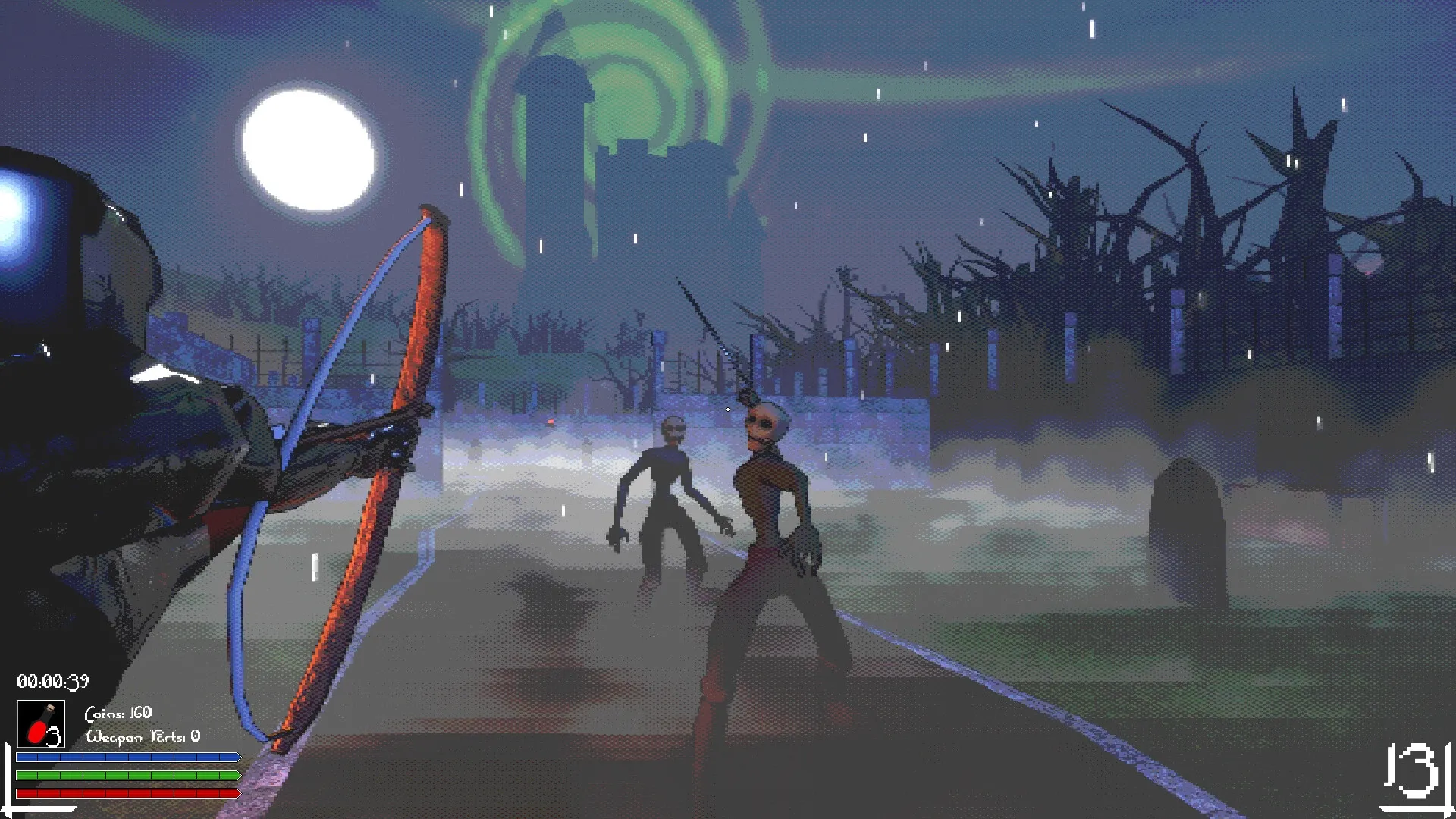The Bleakest Keep: Player aiming bow at two approaching enemies under a full moon in a foggy graveyard.