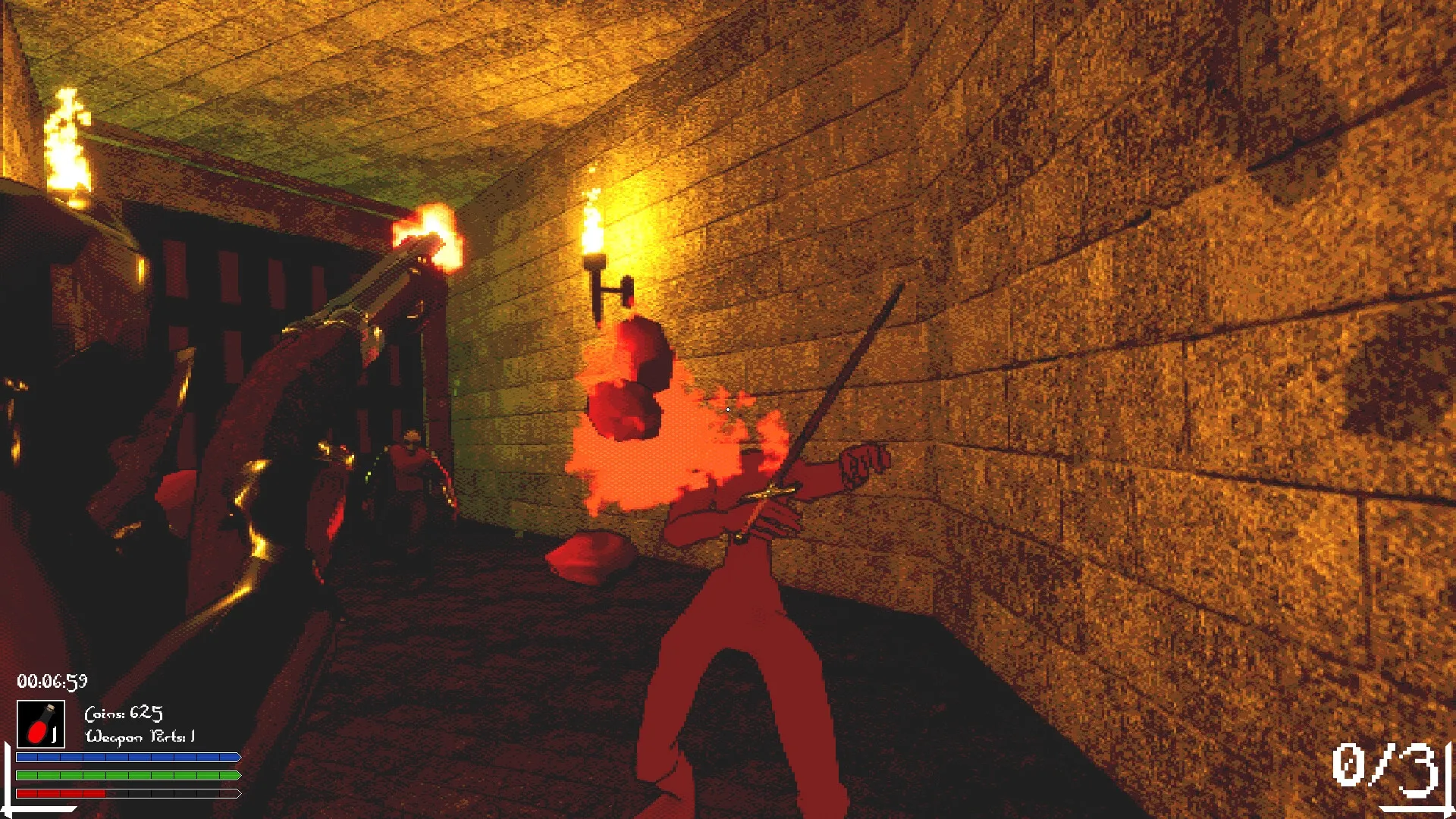 The Bleakest Keep: Player shooting a fiery enemy in dimly lit stone corridor, UI shows health and coins.