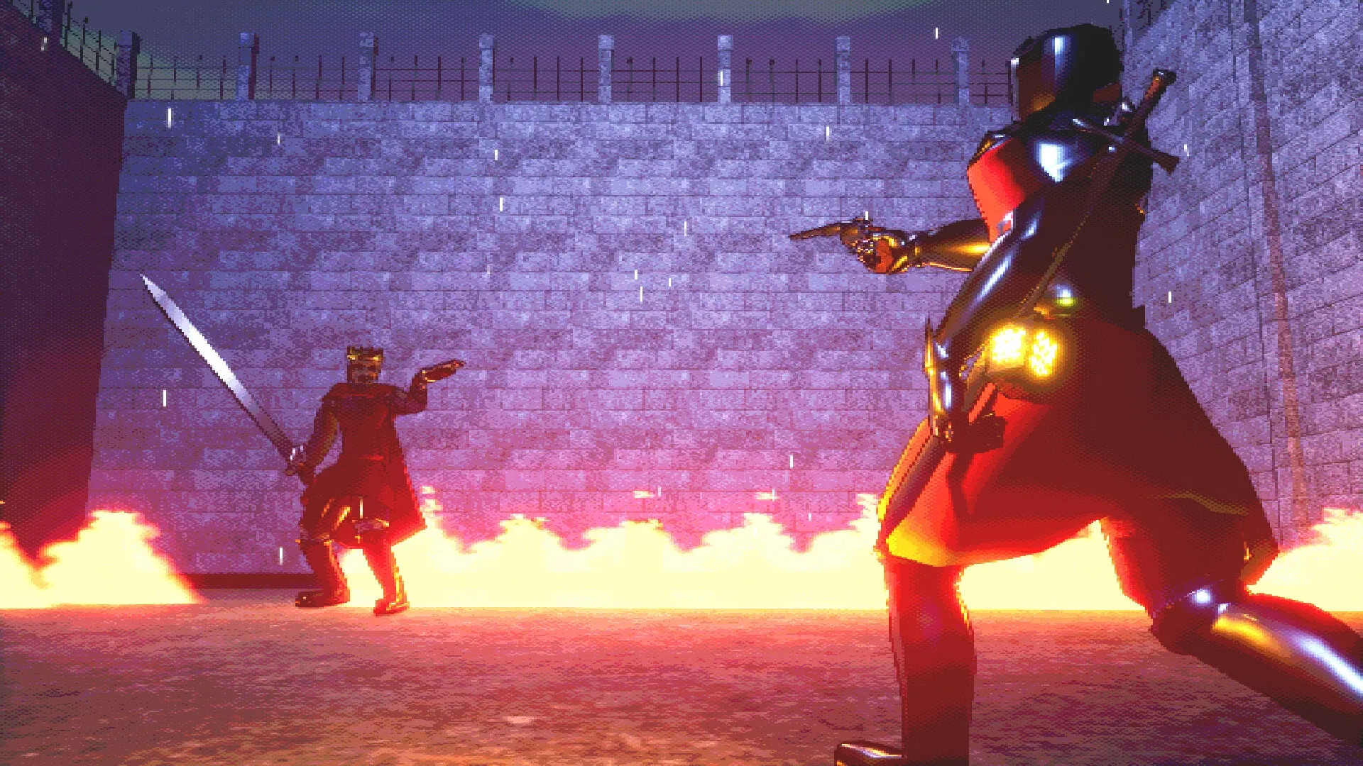 The Bleakest Keep: Two armored characters face off with swords amid flames in a stone-walled courtyard.