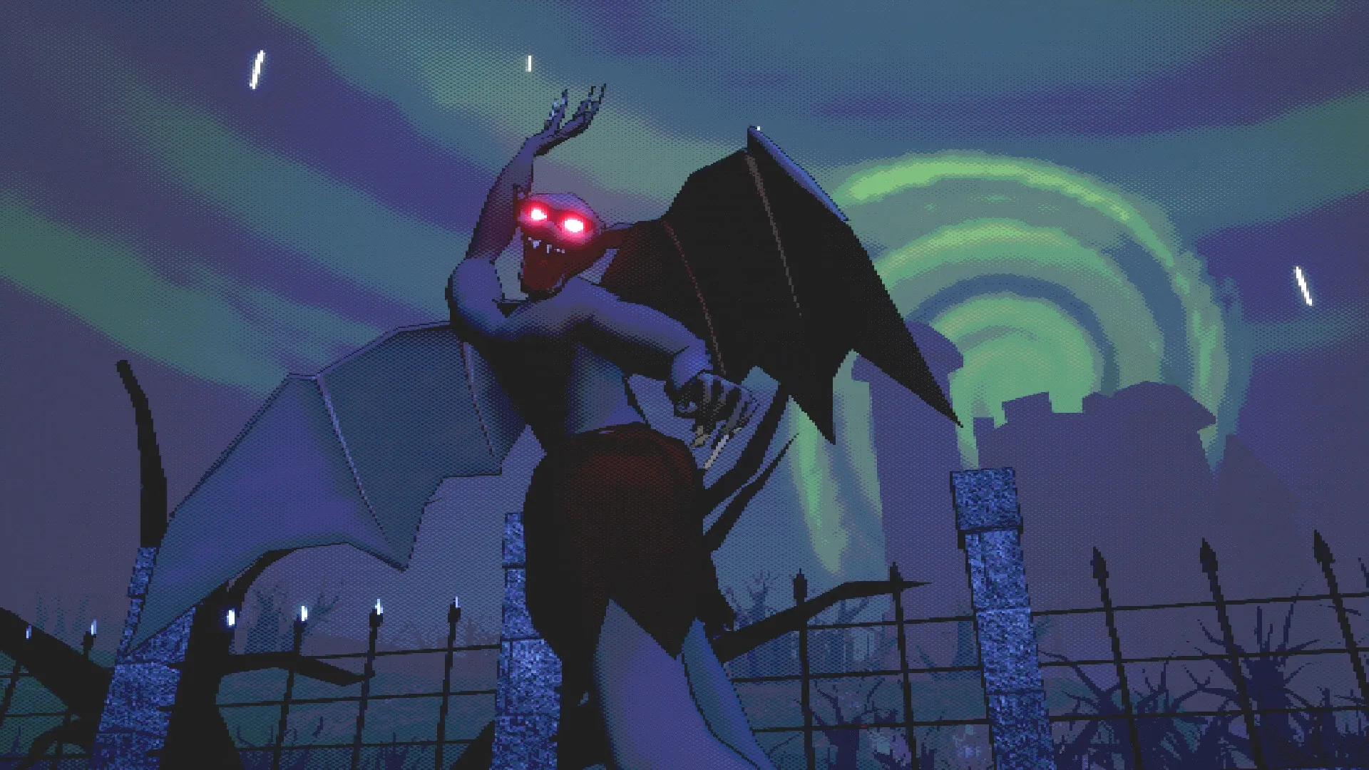 The Bleakest Keep: Winged creature with glowing red eyes in a dark, eerie cemetery with swirling skies