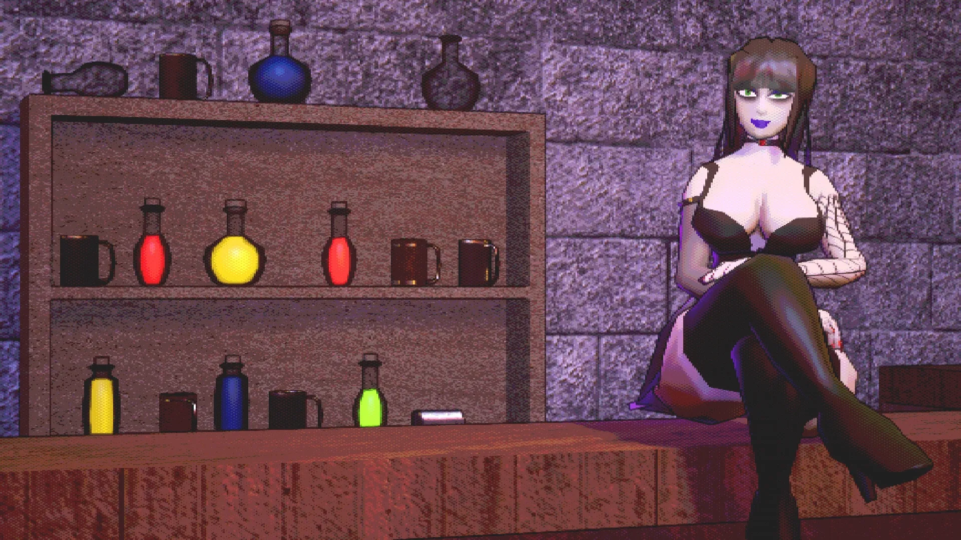 The Bleakest Keep: Character sitting at a bar with shelves of colorful potions in a stone-walled room