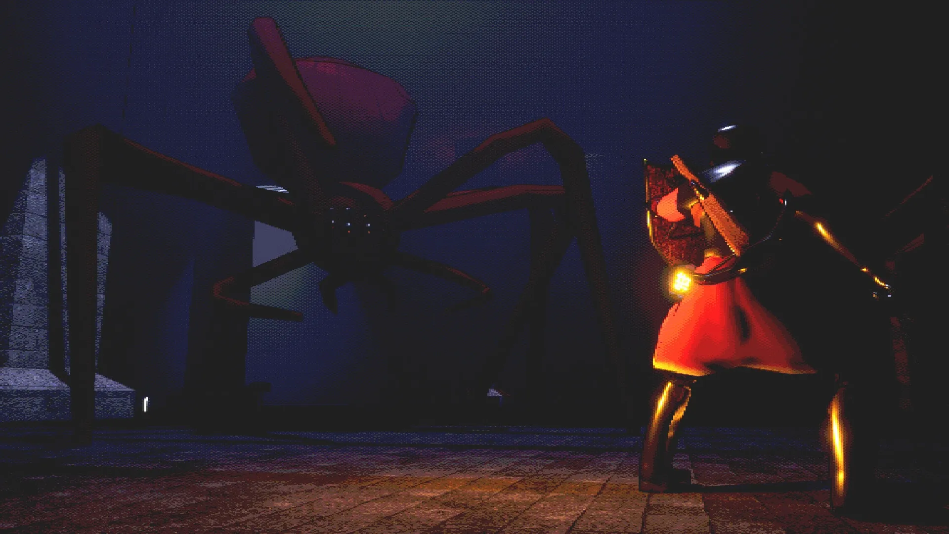 The Bleakest Keep: Player confronting giant spider in dimly lit stone chamber with sword and shield ready