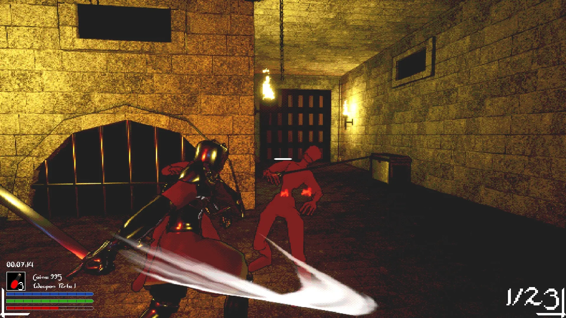 The Bleakest Keep: Knight in combat with red enemy in dim stone corridor, health and time displayed.