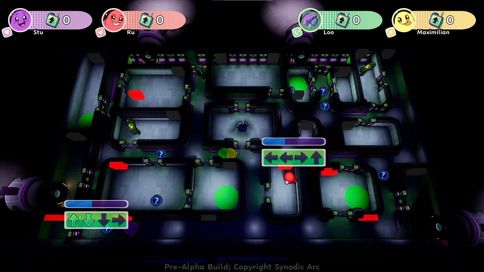 The Boo Croo: Four-player maze minigame with arrow prompts and score HUD in neon sci-fi corridors.