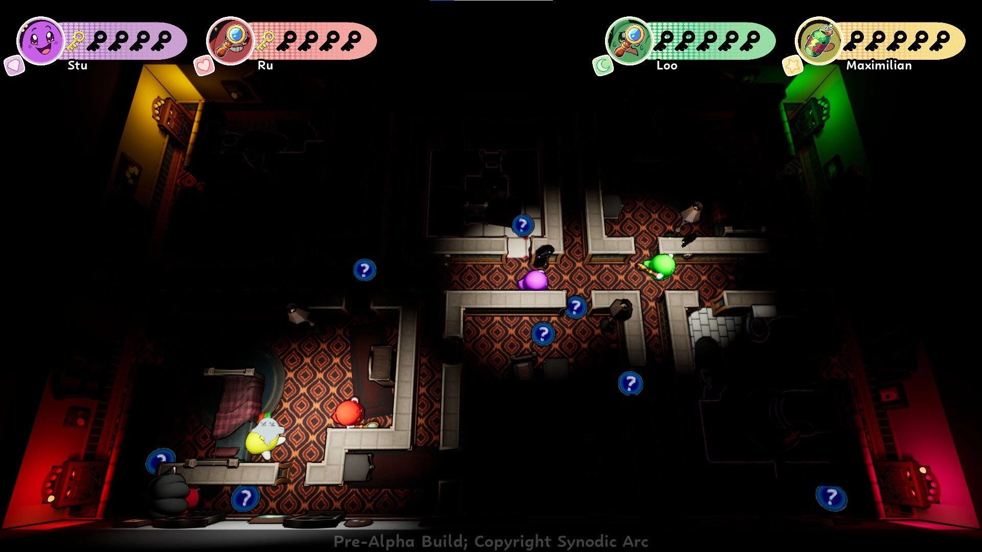 The Boo Croo: Four blob players explore a dark maze with question icons and key HUD at top.