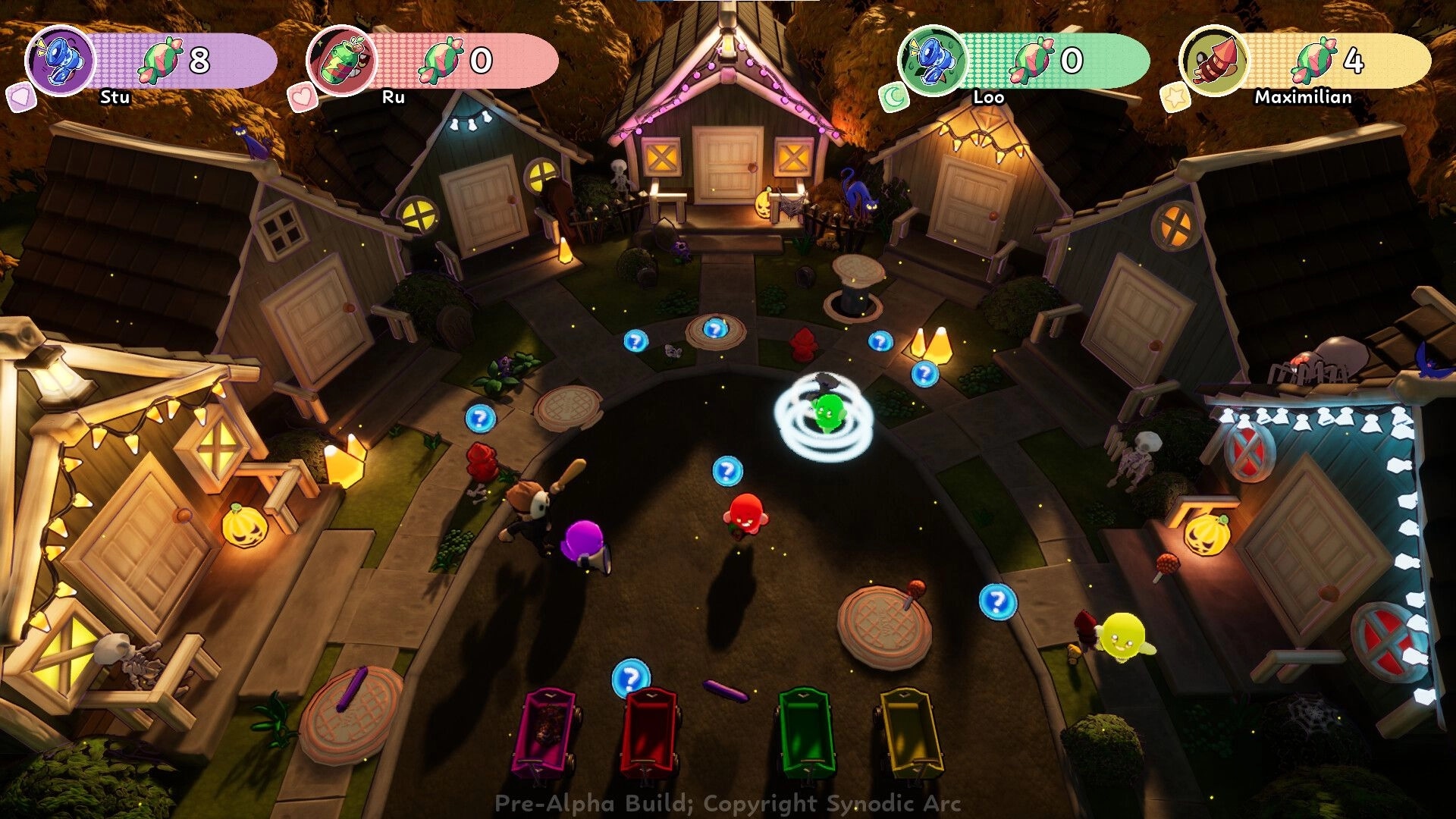 The Boo Croo: Four players chase question-mark pickups on spooky cul-de-sac board with score UI.