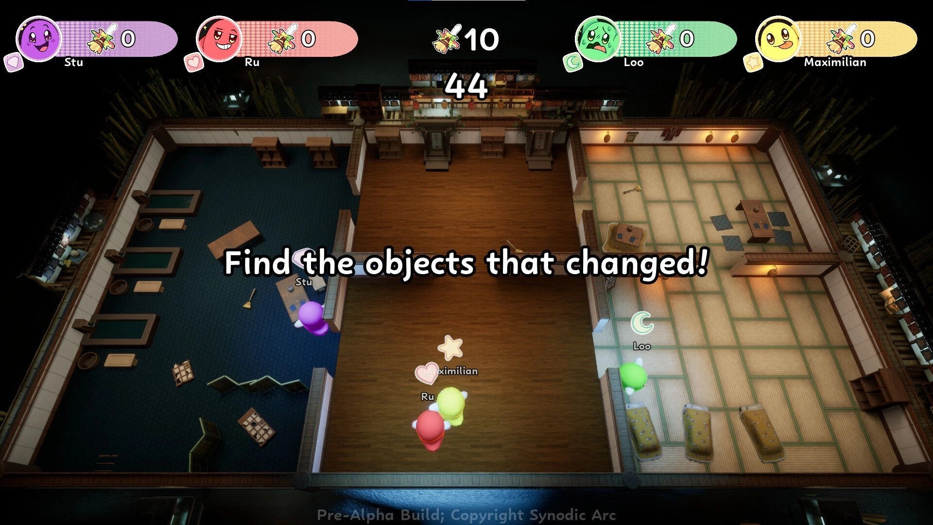 The Boo Croo: Find the objects that changed minigame in a top-down dojo with four players and timer.