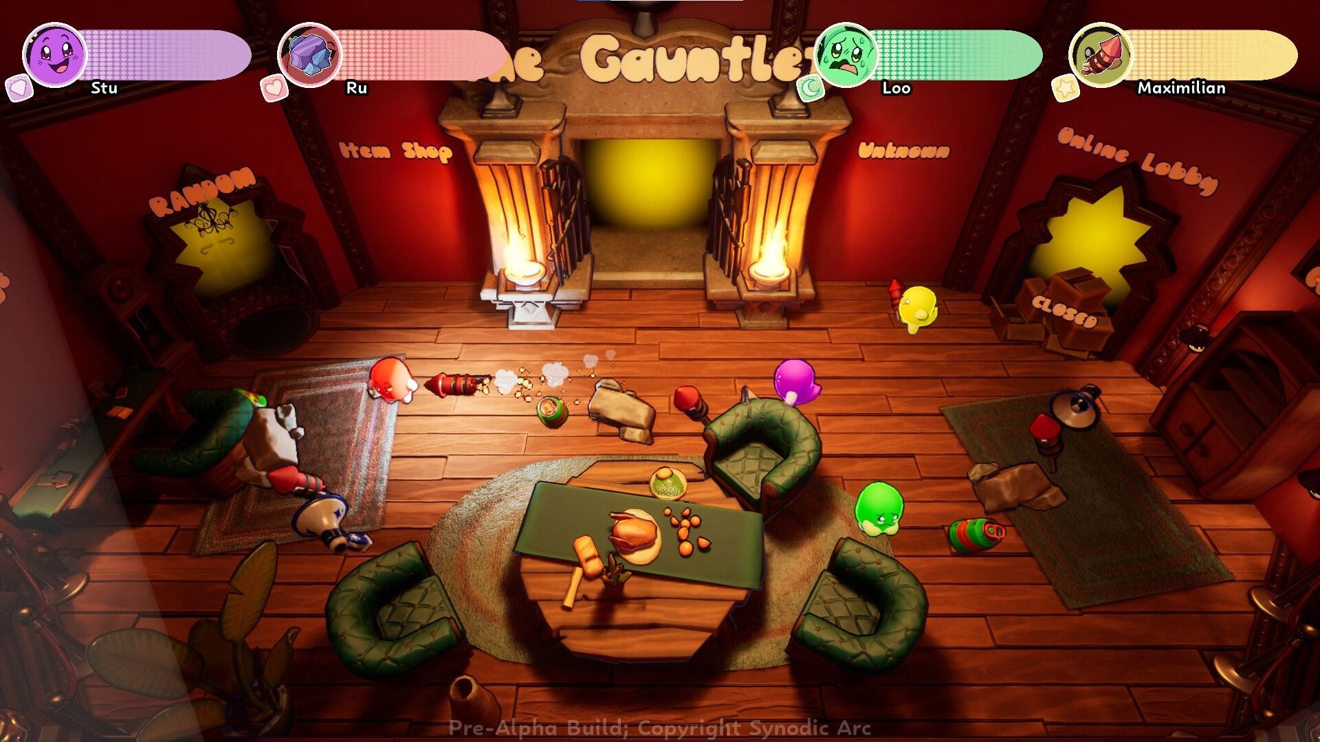 The Boo Croo: Four blob players dash and shoot rockets in the Gauntlet lobby room hub.