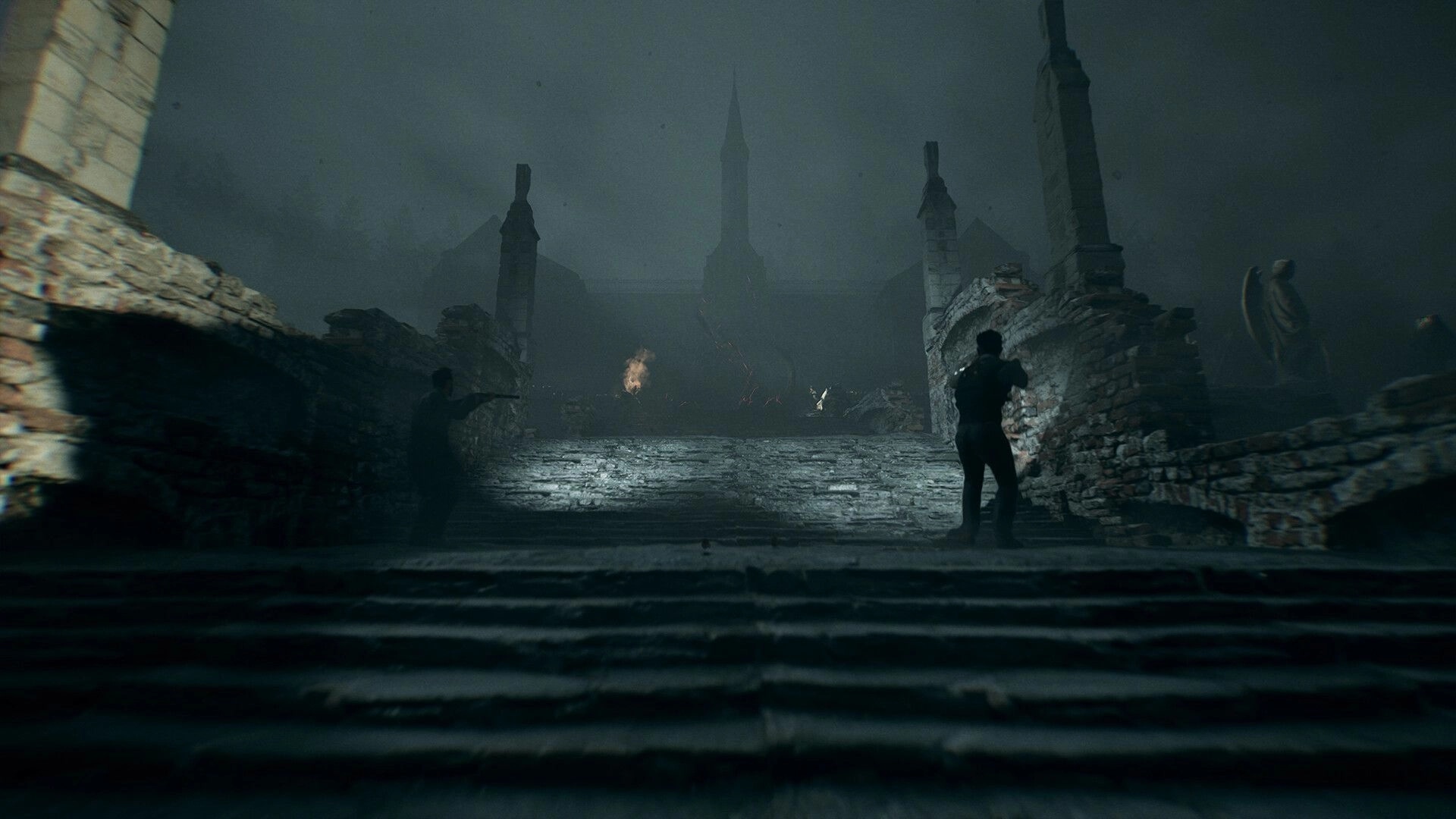 The Bornless: Two players cautiously approach a dark, ruined temple in a foggy, eerie environment.