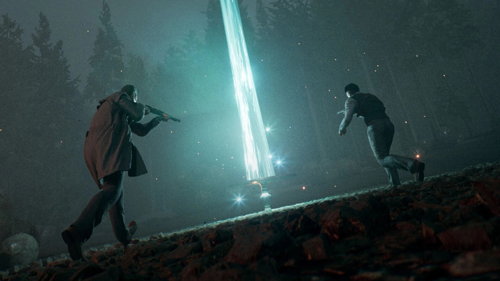 The Bornless: Two players approaching a mystical light beam in a dark, eerie forest setting
