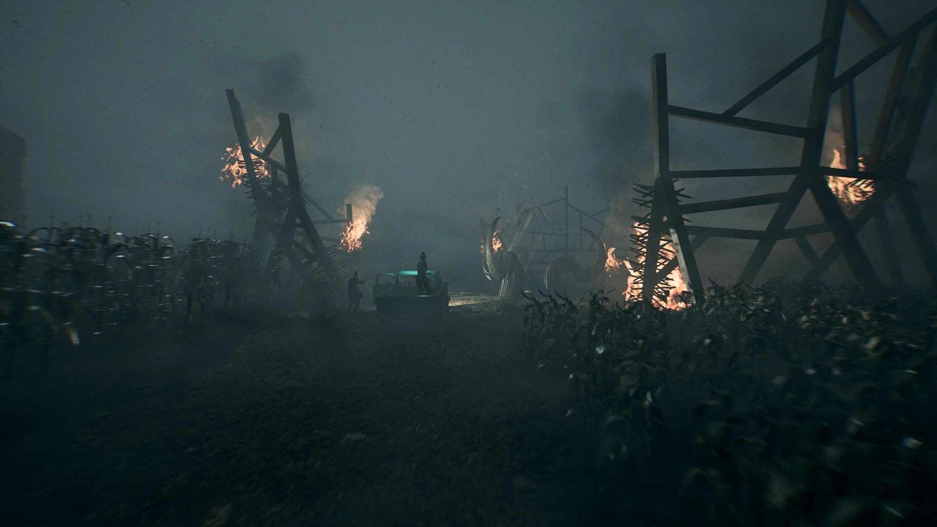 The Bornless: Characters navigate a dim, eerie cornfield with burning structures in the background.