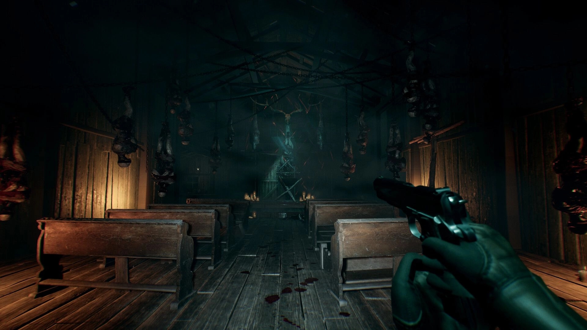The Bornless: Player holding a pistol in a dark, eerie church with hanging bodies and dim lighting.