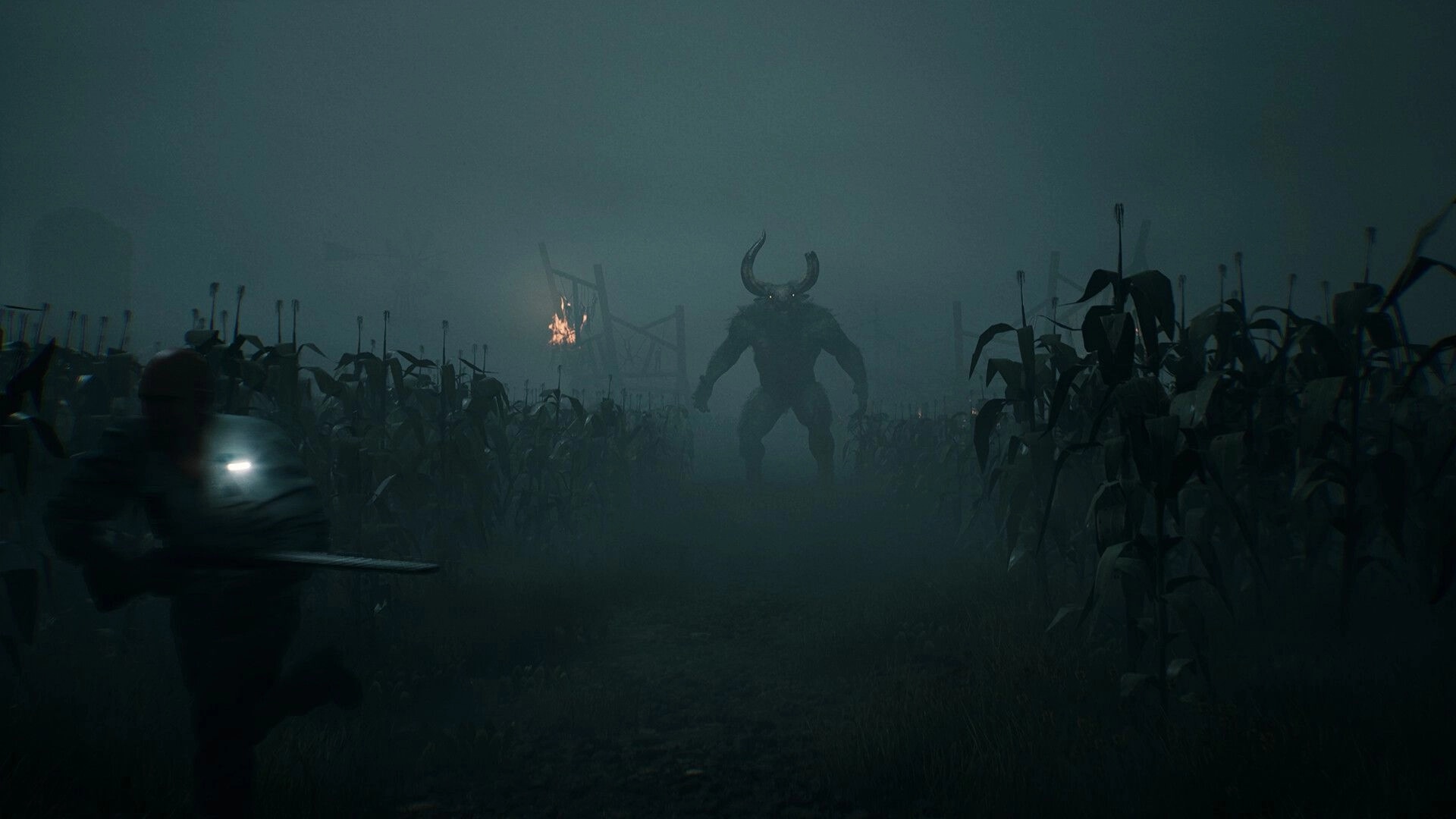 The Bornless: Player running from a horned demon through a foggy cornfield at night