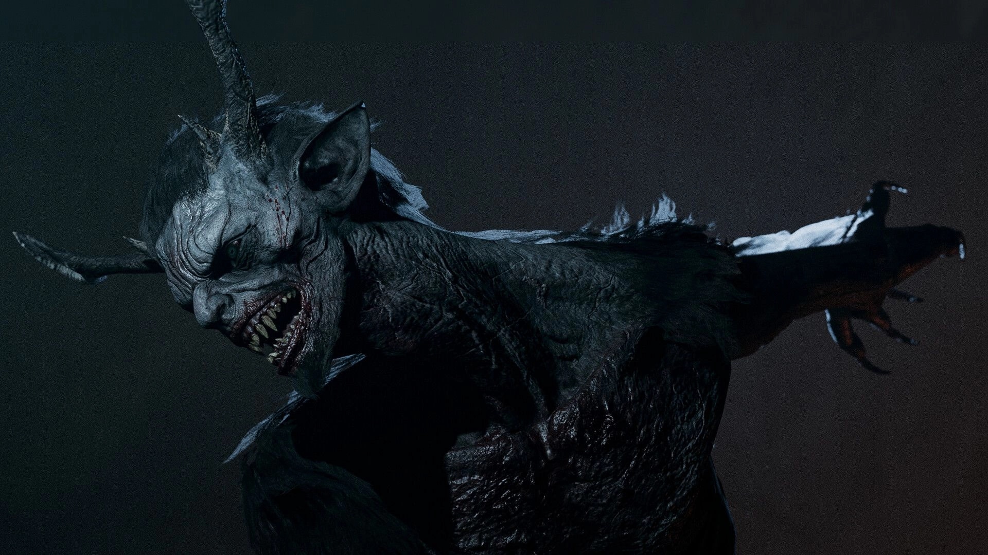 The Bornless: Close-up of a menacing demon creature with sharp teeth and horns in a dark environment
