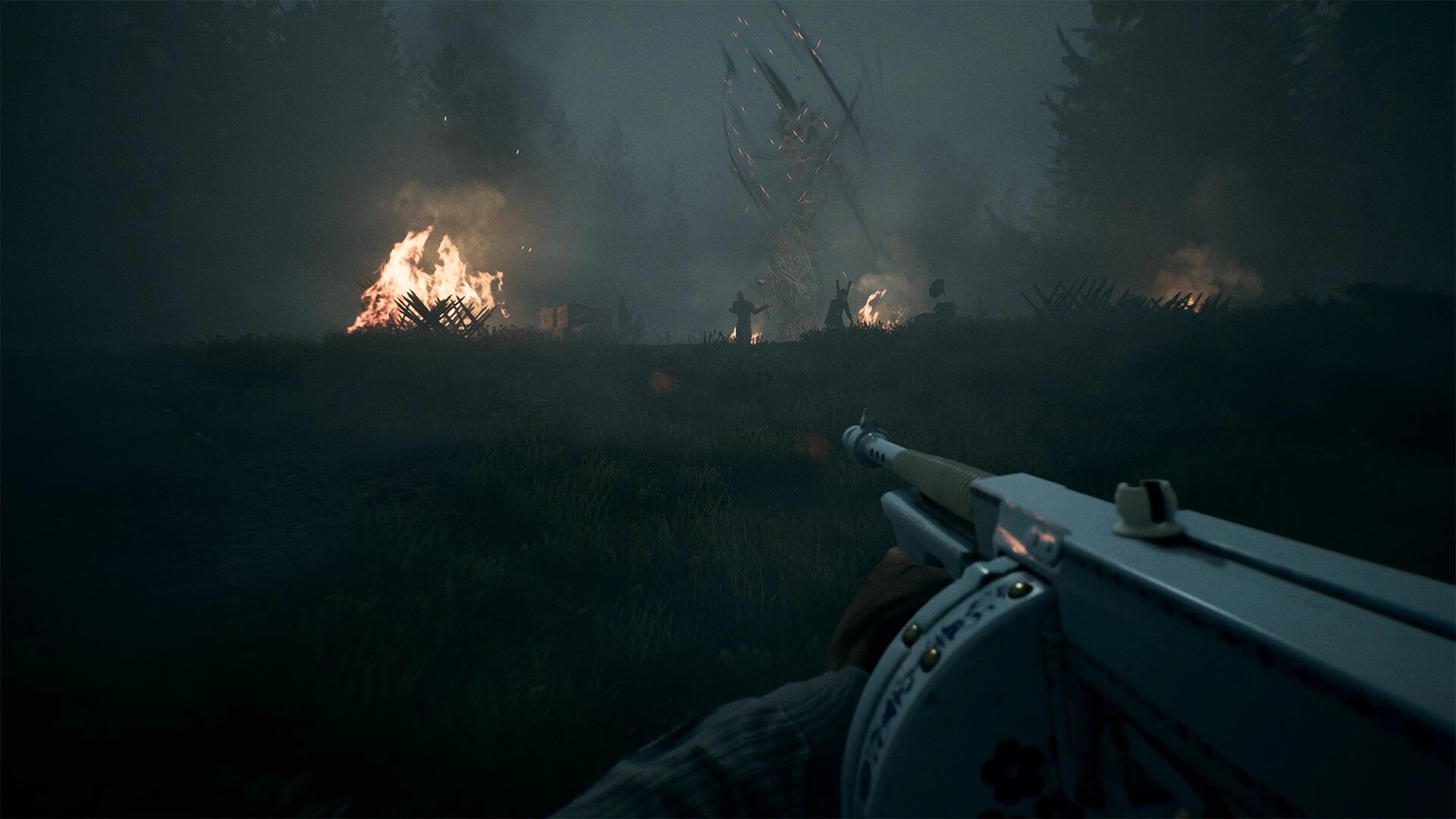 The Bornless: First-person view aiming a weapon at silhouettes by a burning structure in a misty forest.