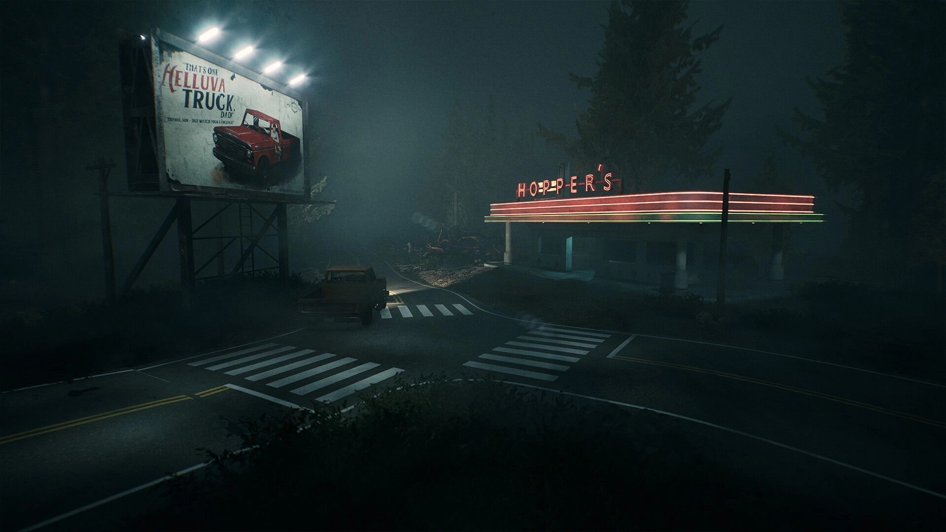 The Bornless: Deserted diner with neon lights and a billboard, shrouded in foggy forest environment.
