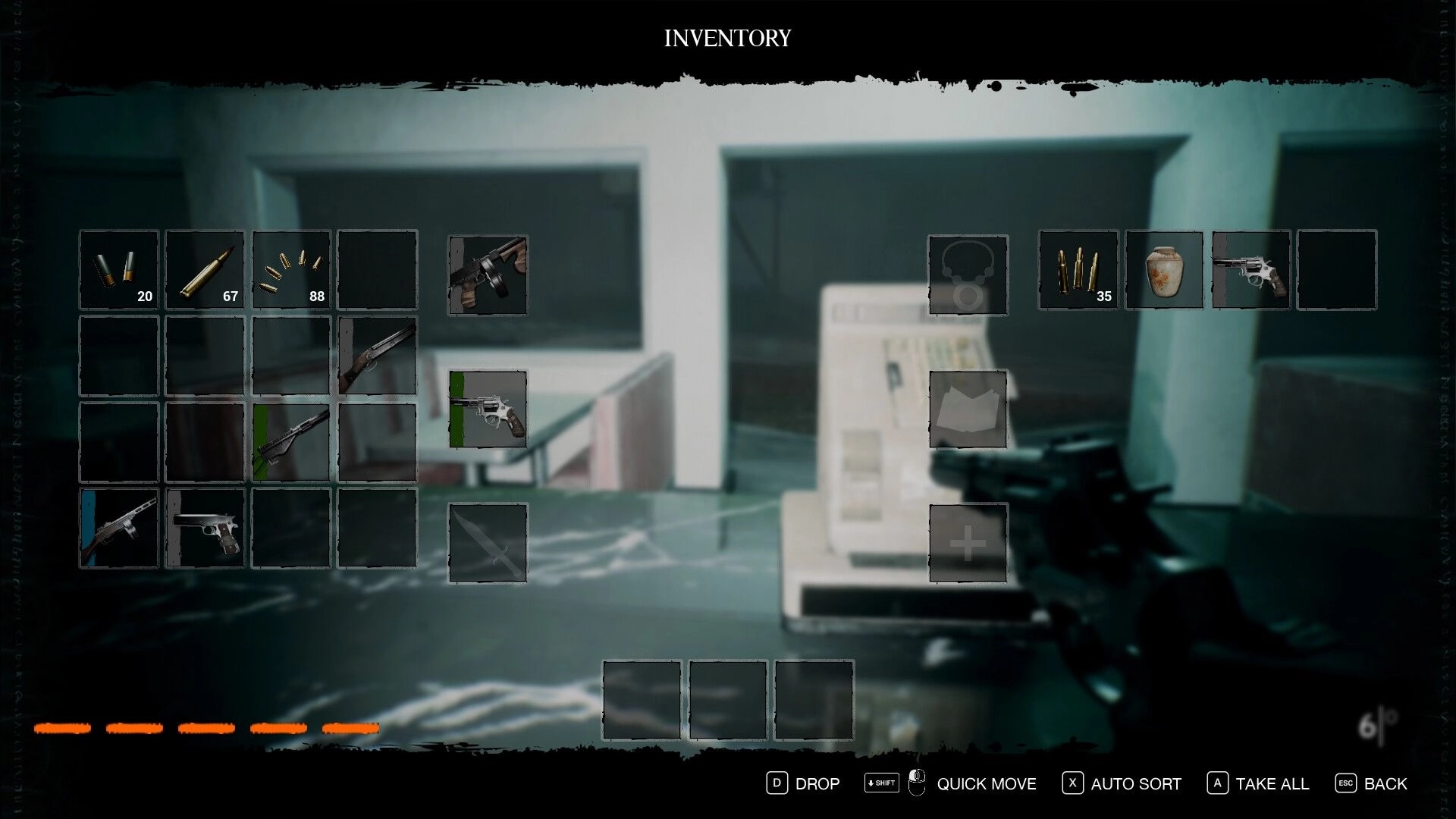The Bornless: Inventory screen displaying weapons, ammunition, and items in a dimly lit environment.