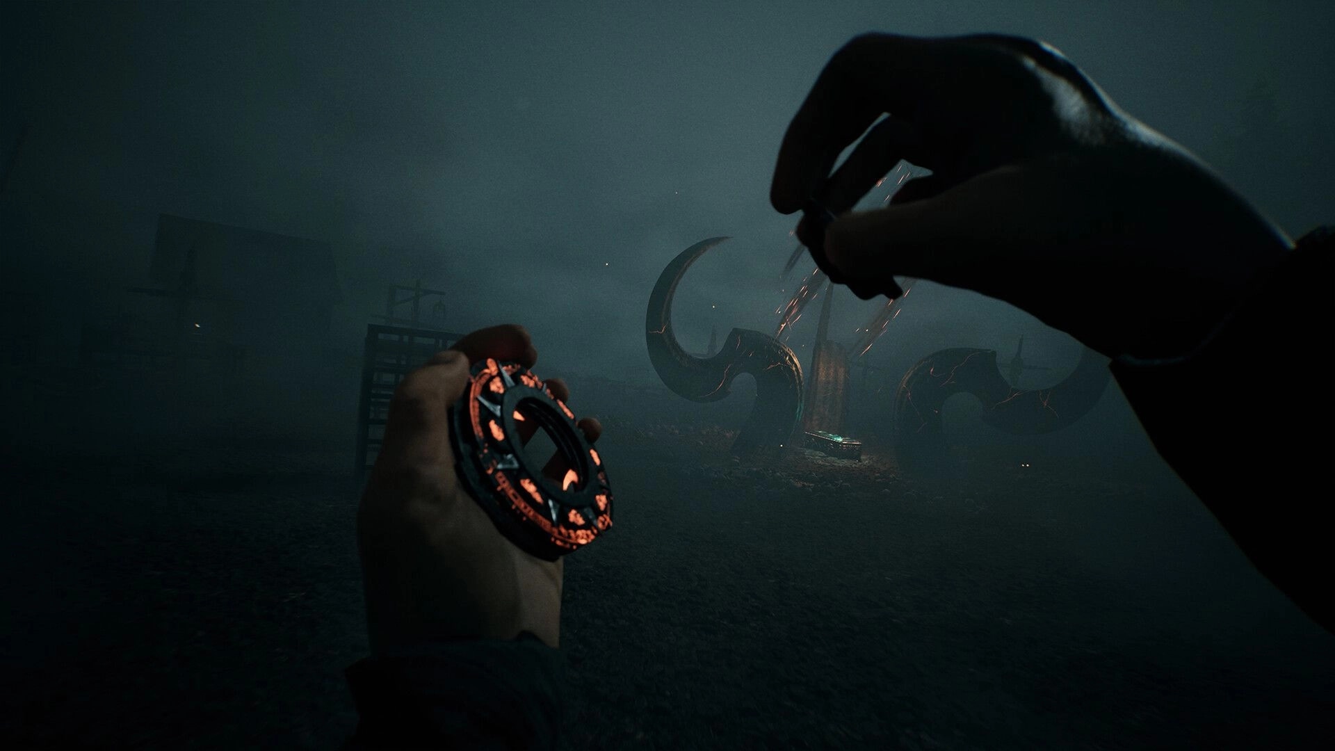 The Bornless: Player holds glowing amulet near eerie, foggy structure in a dark, mysterious landscape.