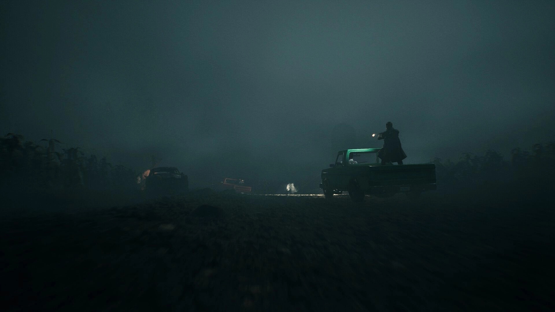The Bornless: Character aiming a flashlight from a truck bed in a foggy, eerie landscape at night
