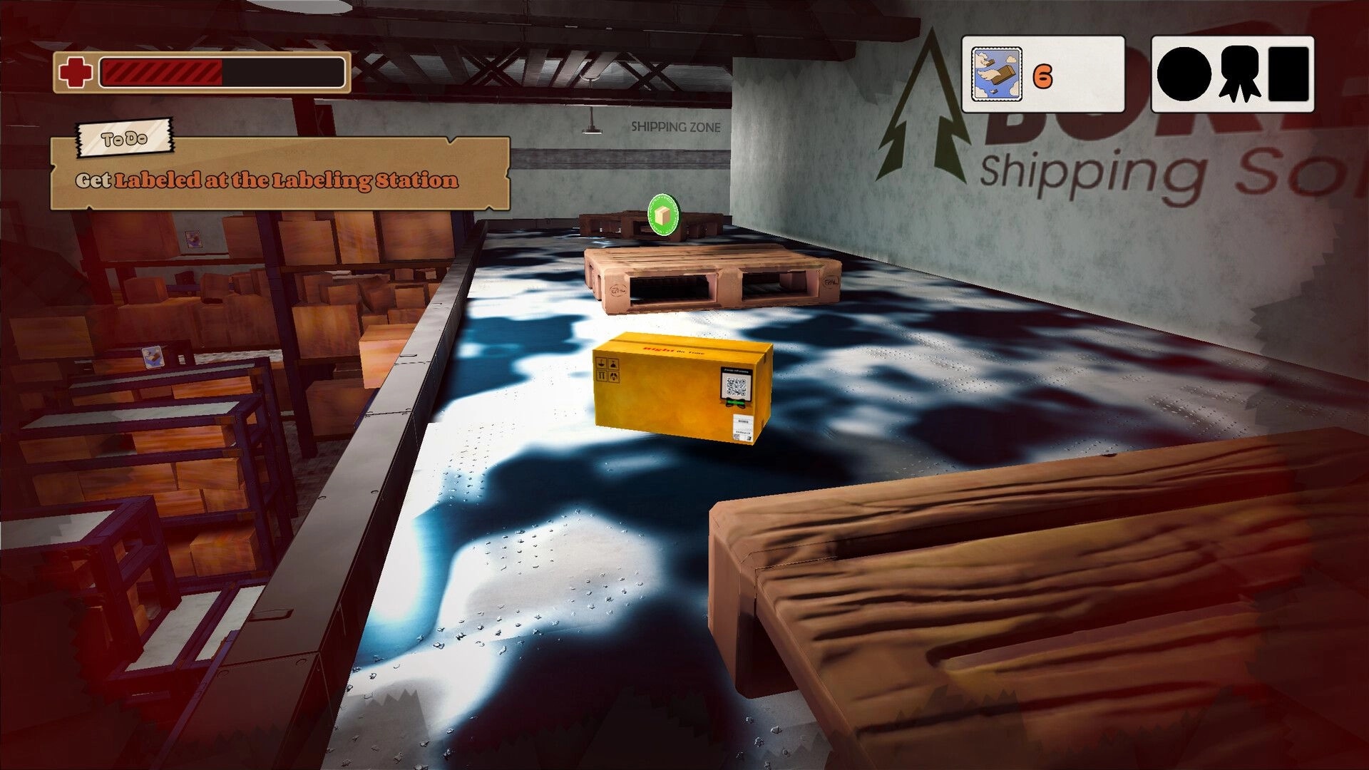 The Box is Alive: Cardboard box navigates pallets in a warehouse with health bar and to-do list visible.