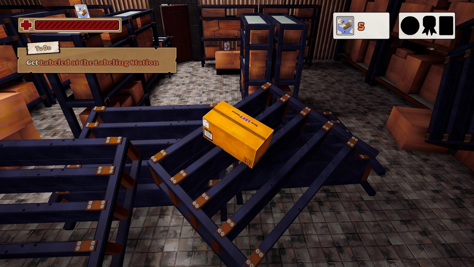The Box is Alive: Cardboard box character navigates warehouse shelves with labeling station objective.