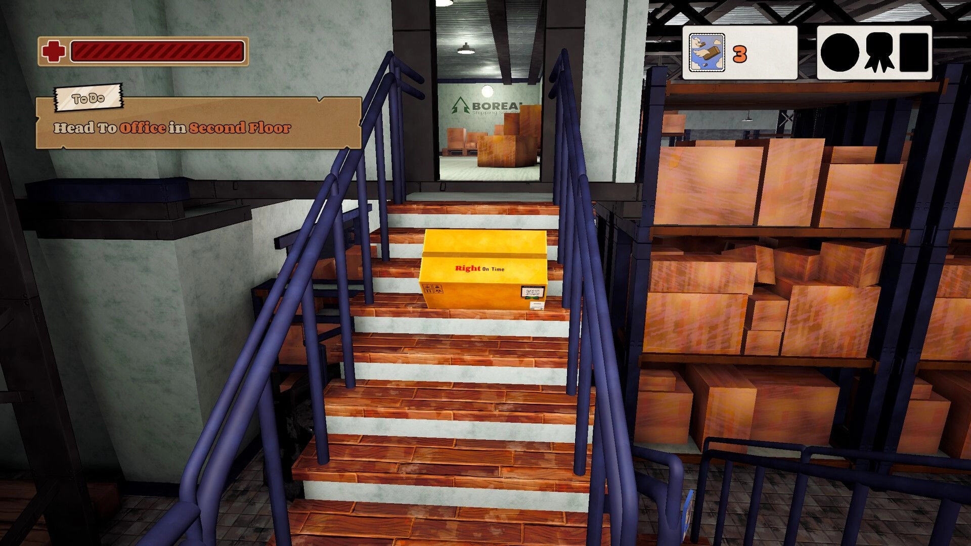 The Box is Alive: Cardboard box navigates stairs in a cluttered warehouse with a health bar and tasks.