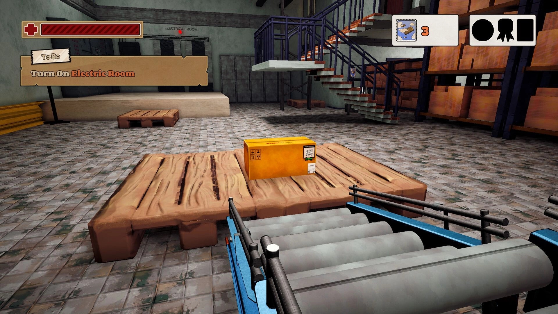 The Box is Alive: Cardboard box on wooden pallet in warehouse, objective to turn on Electric Room.