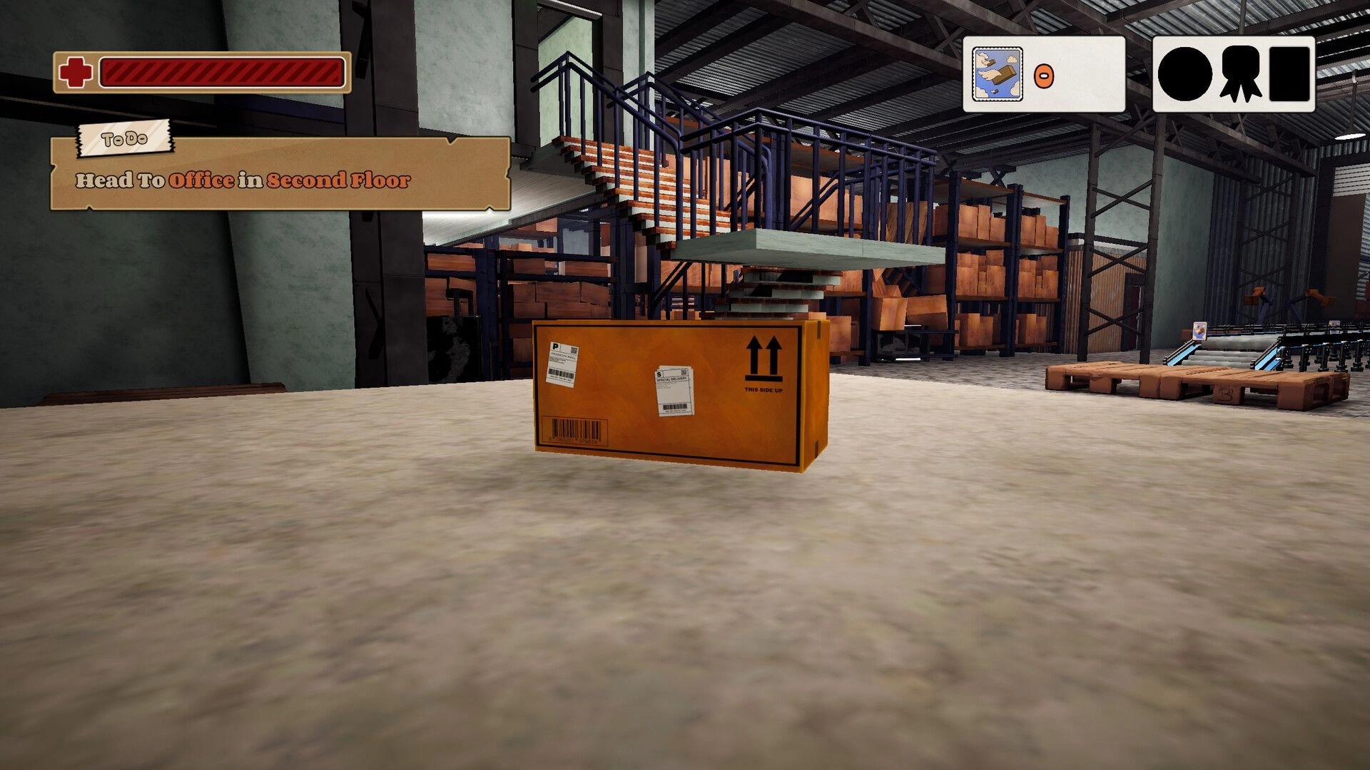 The Box is Alive: Cardboard box character navigates warehouse floor with task prompt and health bar visible