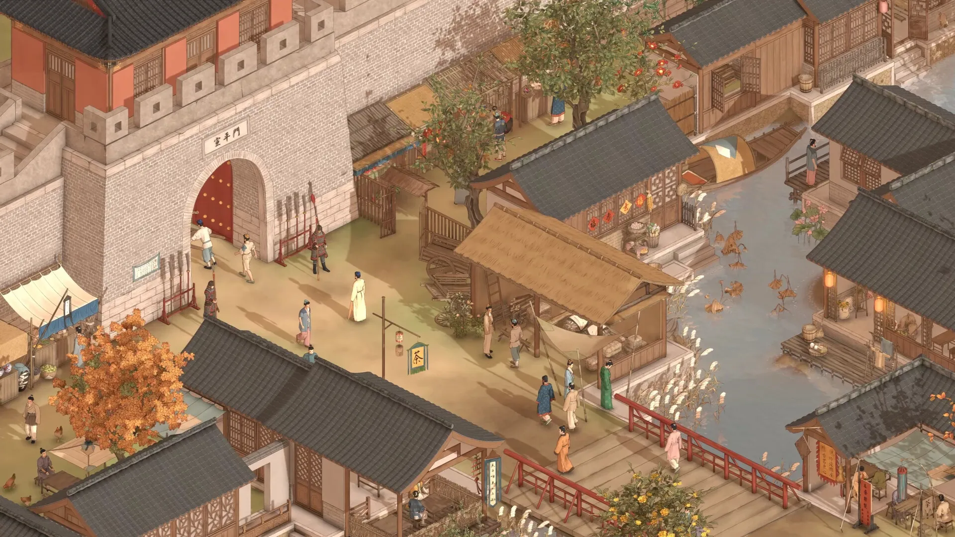 The Bustling World: Villagers and merchants engage in daily activities near the city gate and riverside.