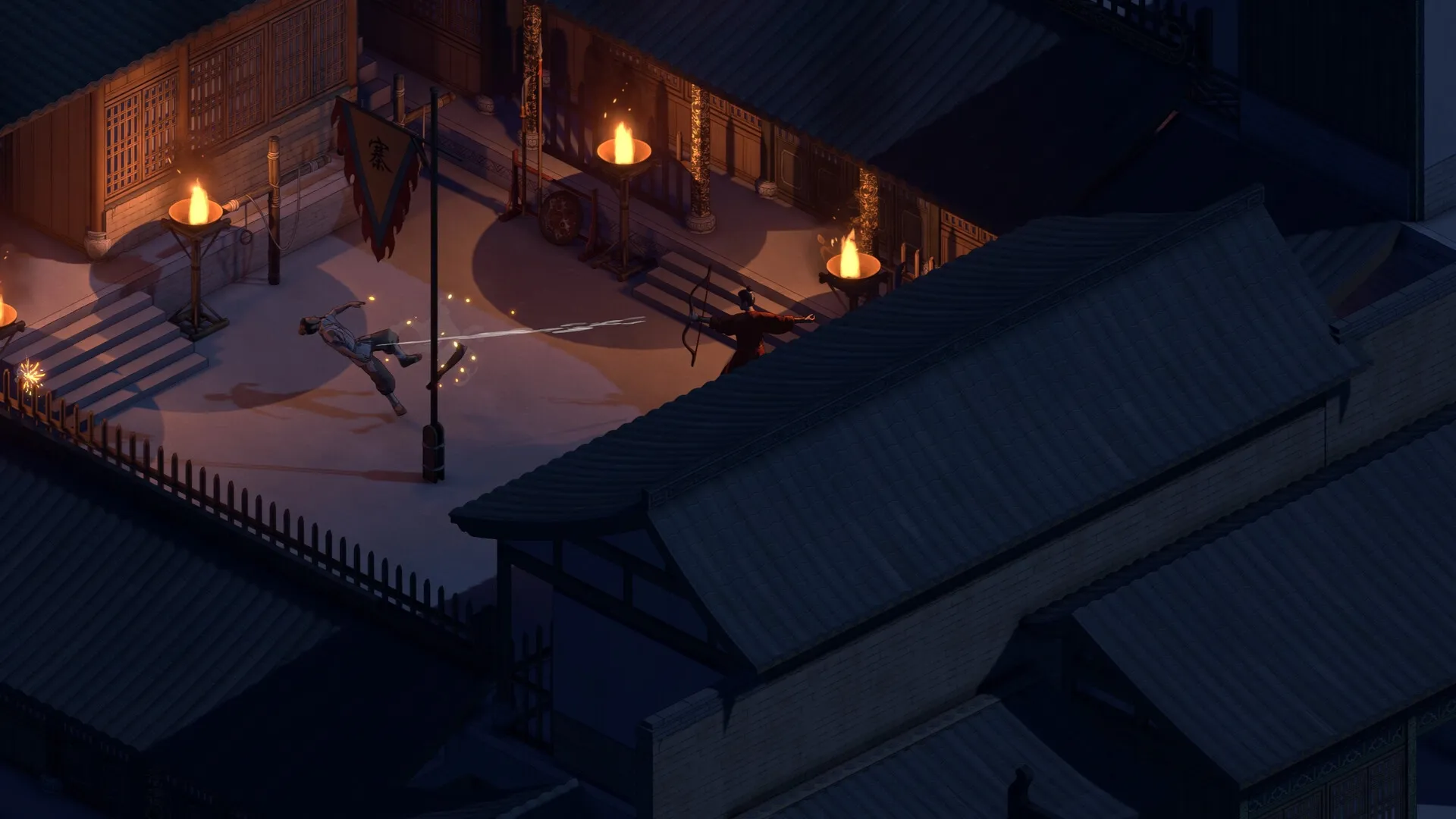 The Bustling World: Archer shooting arrows at a training dummy in a lantern-lit courtyard at night