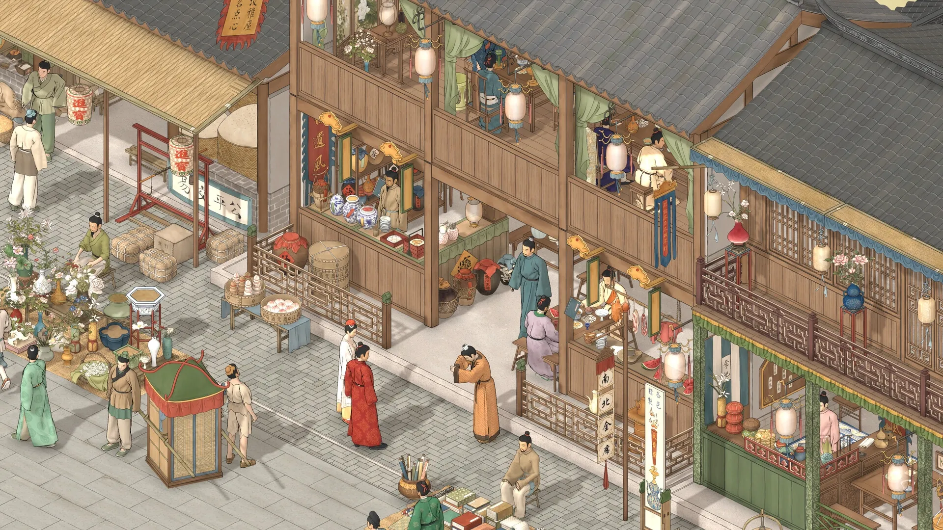 The Bustling World: Vibrant marketplace with traders and shoppers in traditional ancient Chinese attire