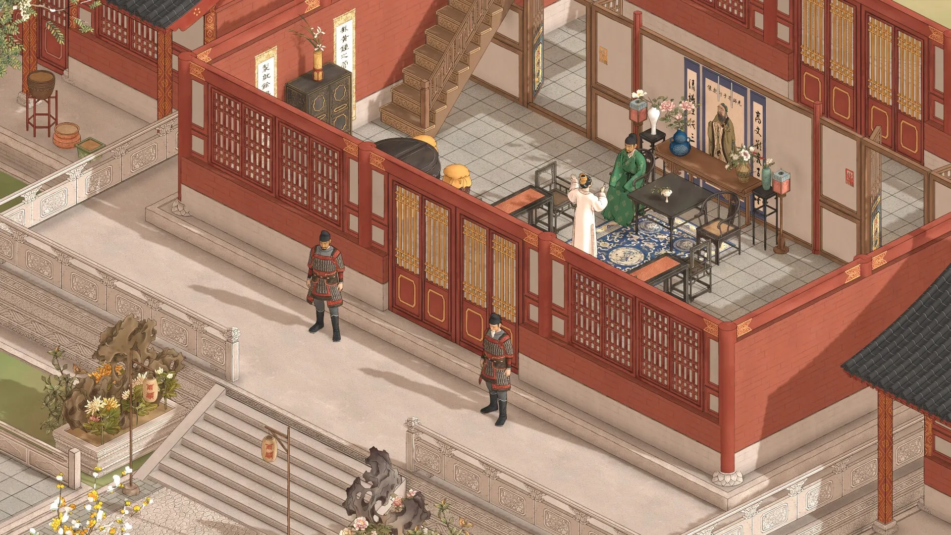 The Bustling World: Guards patrol outside a detailed courtyard while two characters converse inside a room.