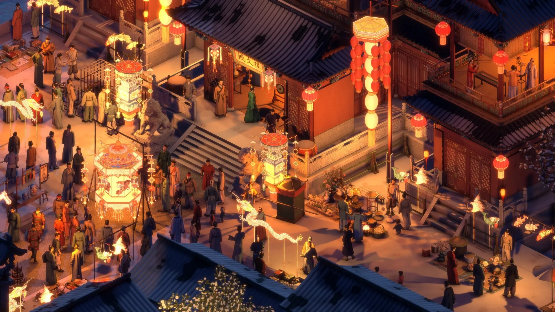 The Bustling World: Festive night market scene with lanterns and crowds in ancient Chinese town square