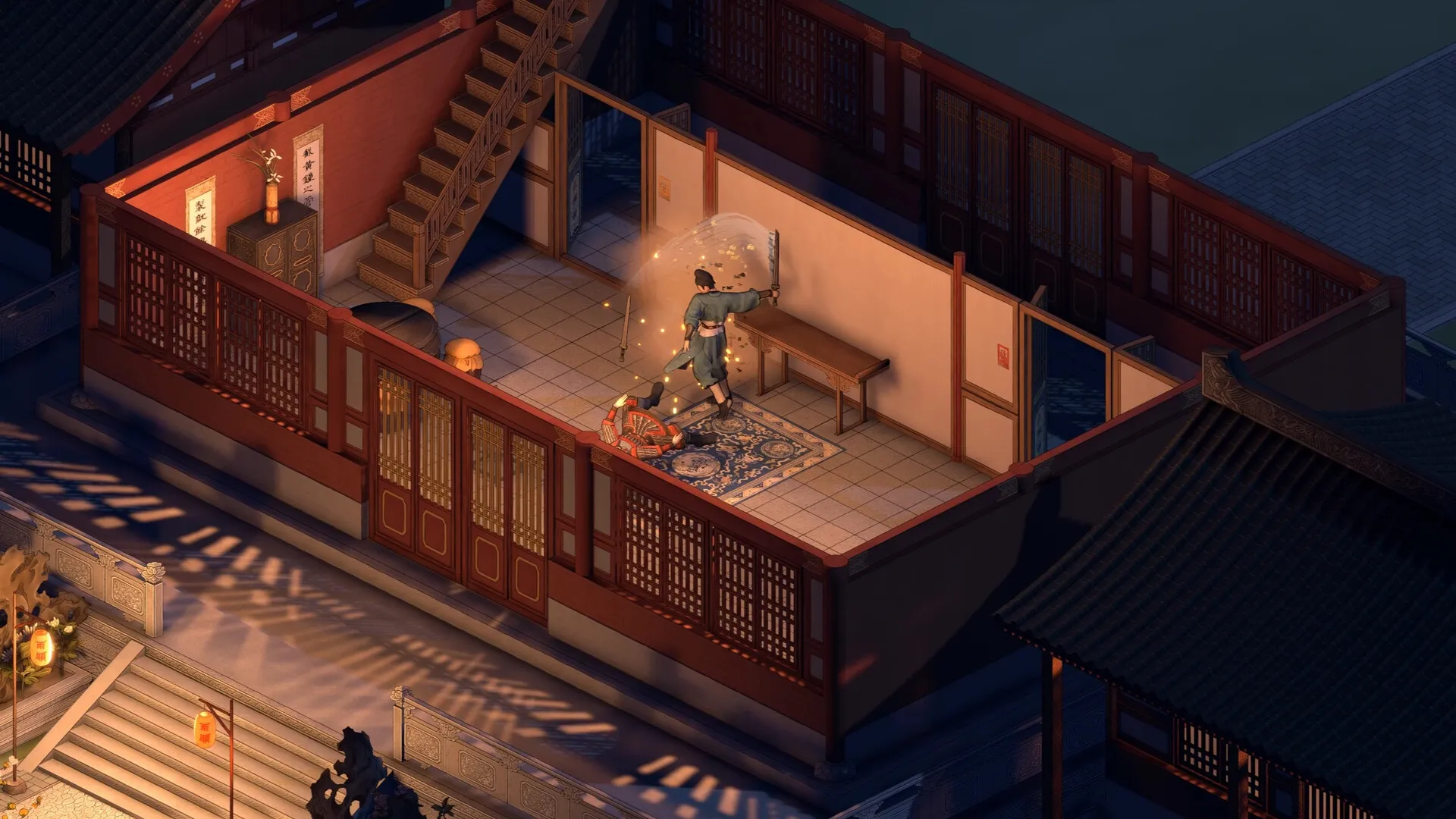 The Bustling World: Combat scene with a warrior defeating an armored enemy inside a traditional Chinese house