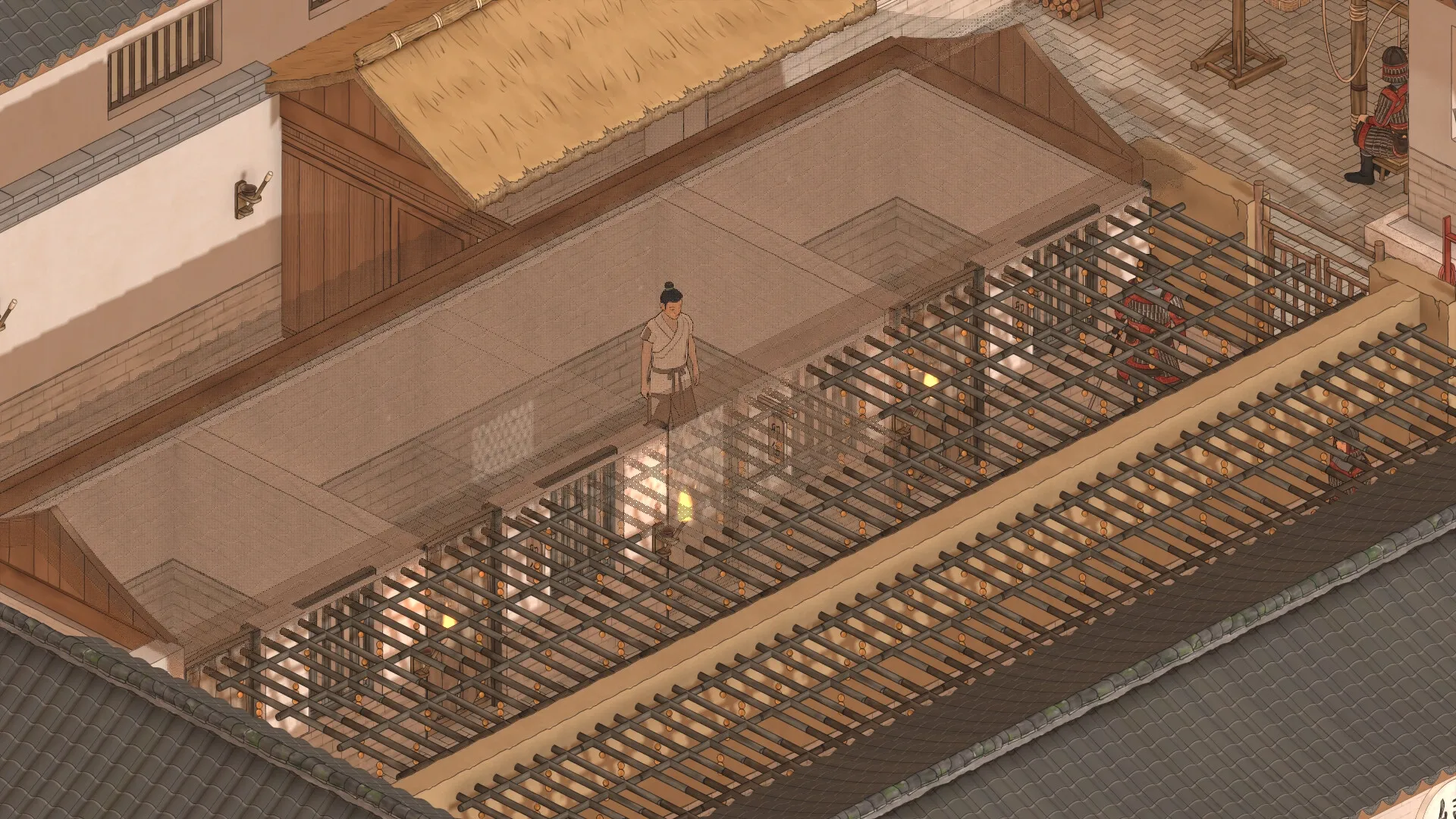 The Bustling World: Character walking on rooftop overlooking courtyard with guards in ancient Chinese city