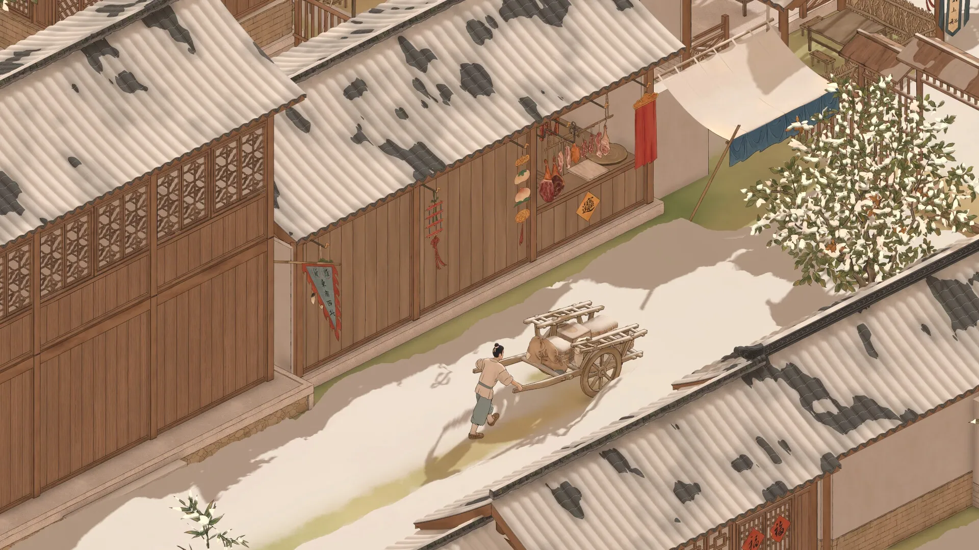 The Bustling World: Villager pushes a cart down a narrow street lined with wooden shops and hanging goods