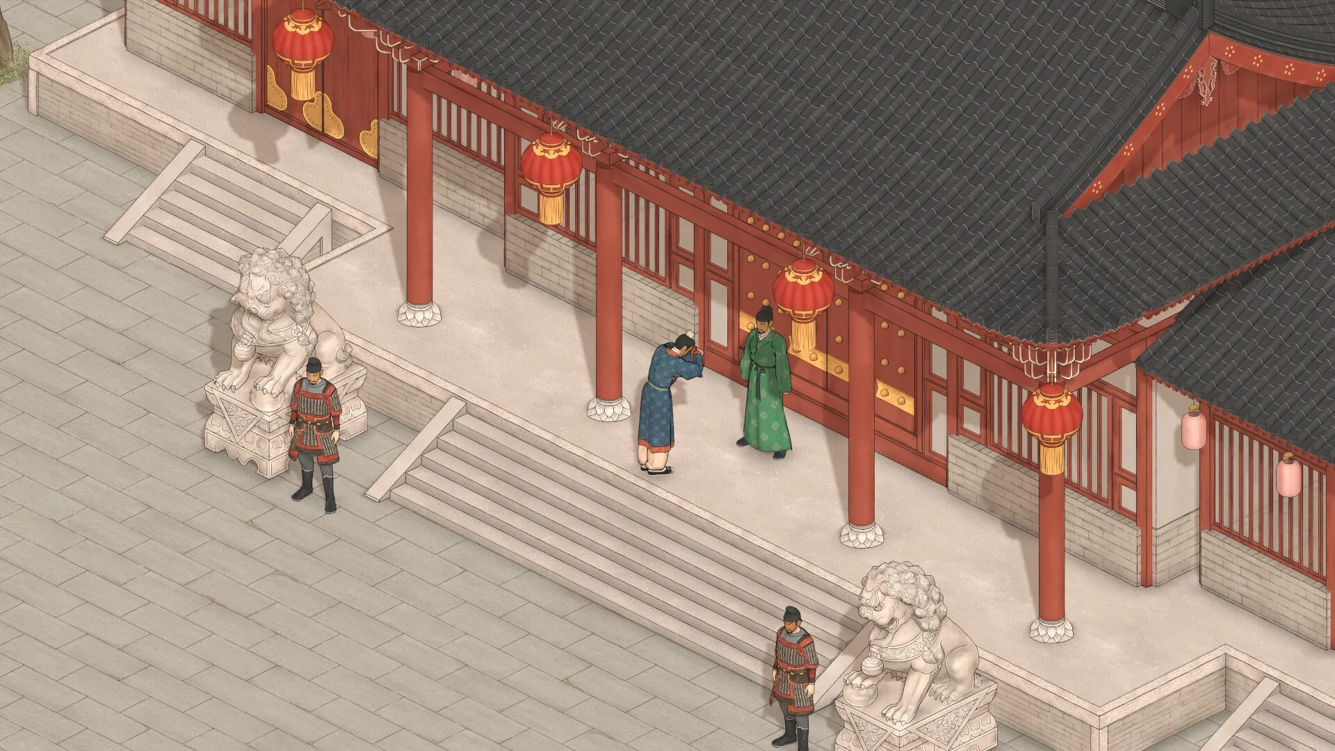 The Bustling World: Characters greet outside a grand, lantern-adorned temple with stone guardian statues.