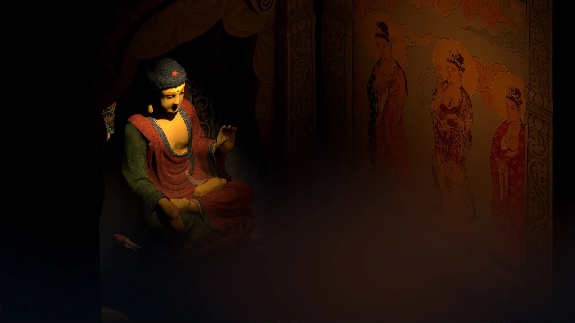 The Bustling World: Dimly lit temple interior with a serene Buddha statue and intricate wall frescoes