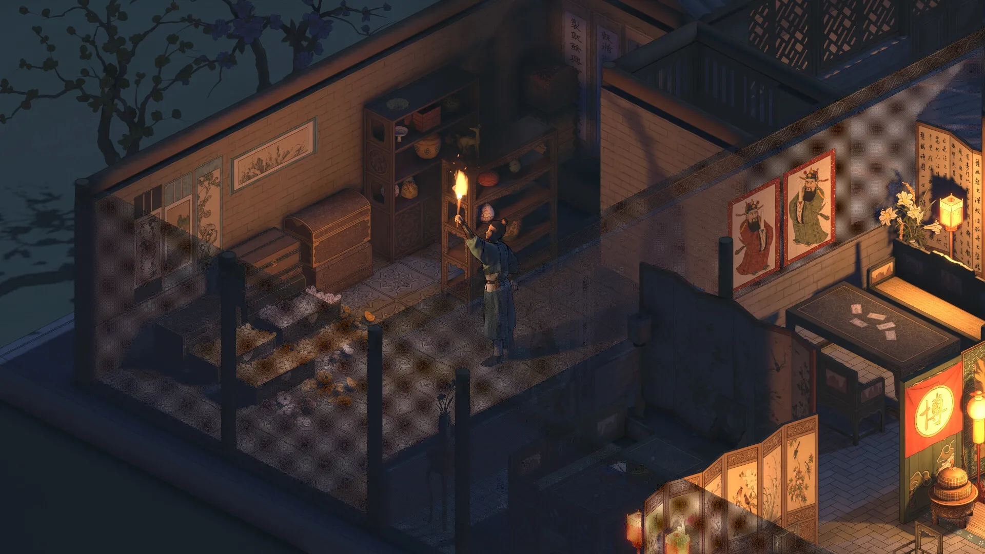 The Bustling World: Character explores dimly lit room with torch, surrounded by shelves and ornate decor