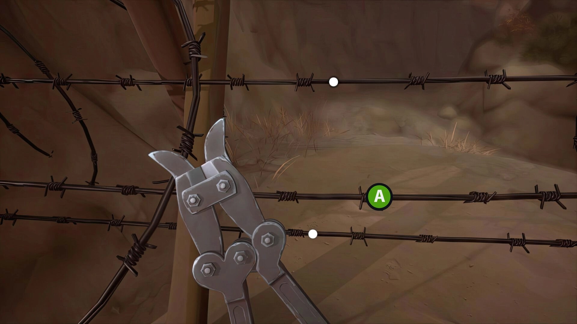 The Caribou Trail: Bolt cutters ready to clip barbed wire with A prompt in a dusty trench passage.