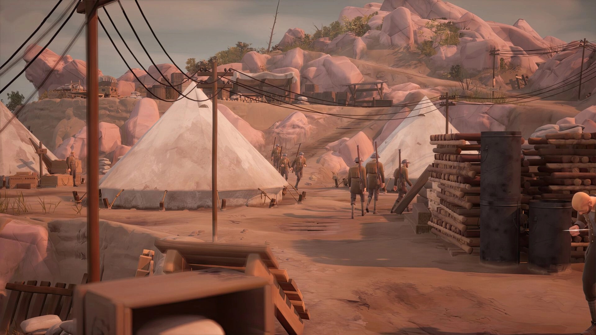 The Caribou Trail: Soldiers march past canvas tents and sandbags in a rocky desert camp at dusk.