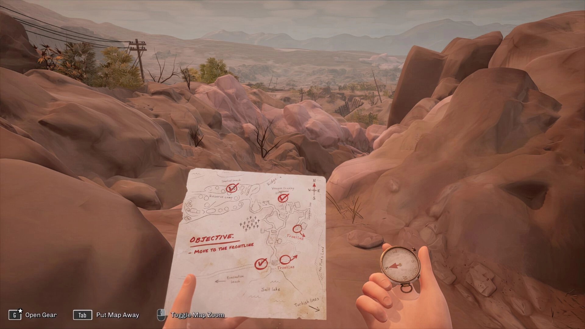 The Caribou Trail: Player holds mission map and compass, hiking through rocky desert canyon path.