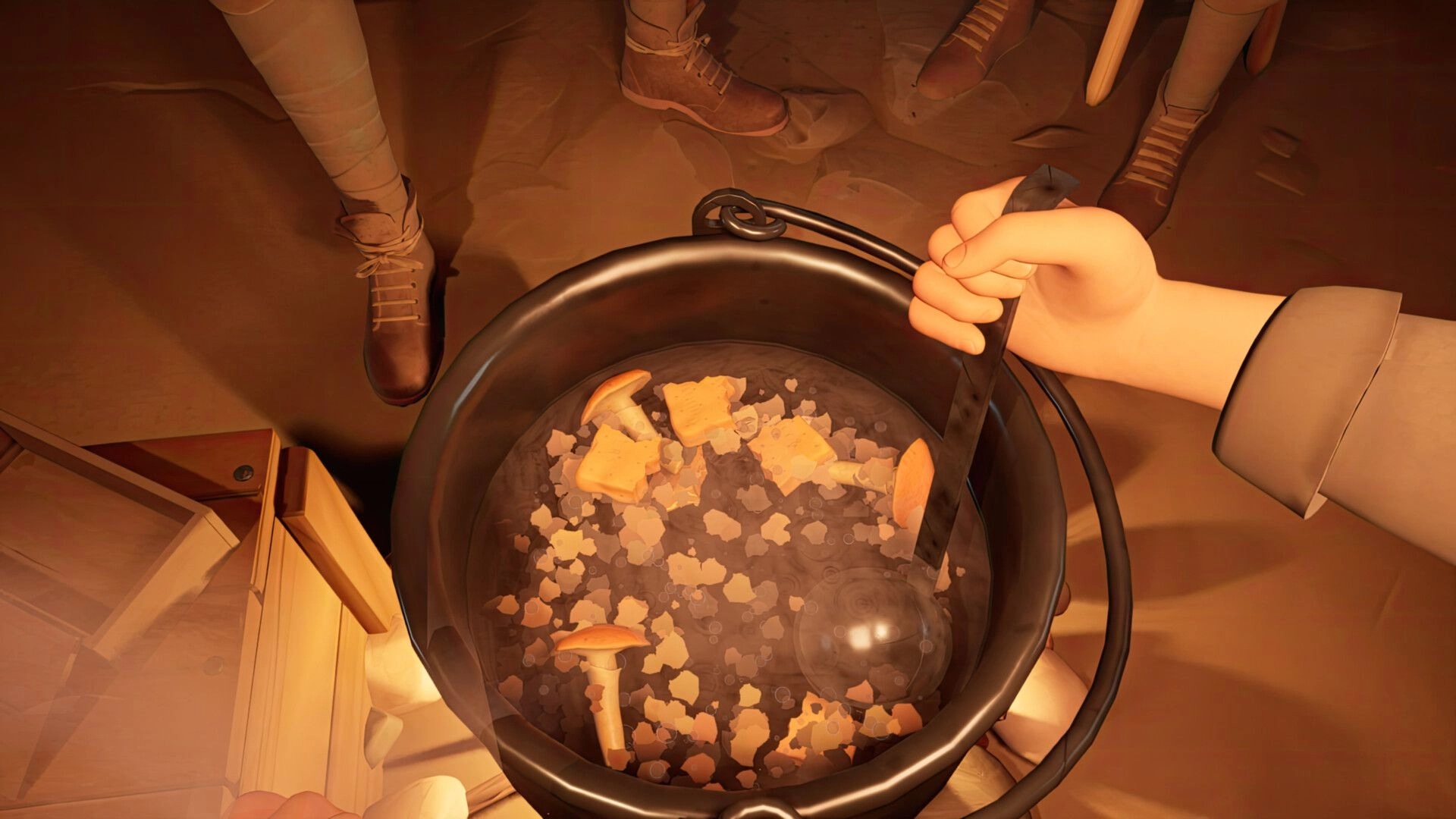 The Caribou Trail: Hand stirs a soup pot with bread and mushrooms as soldiers stand in a trench dugout.