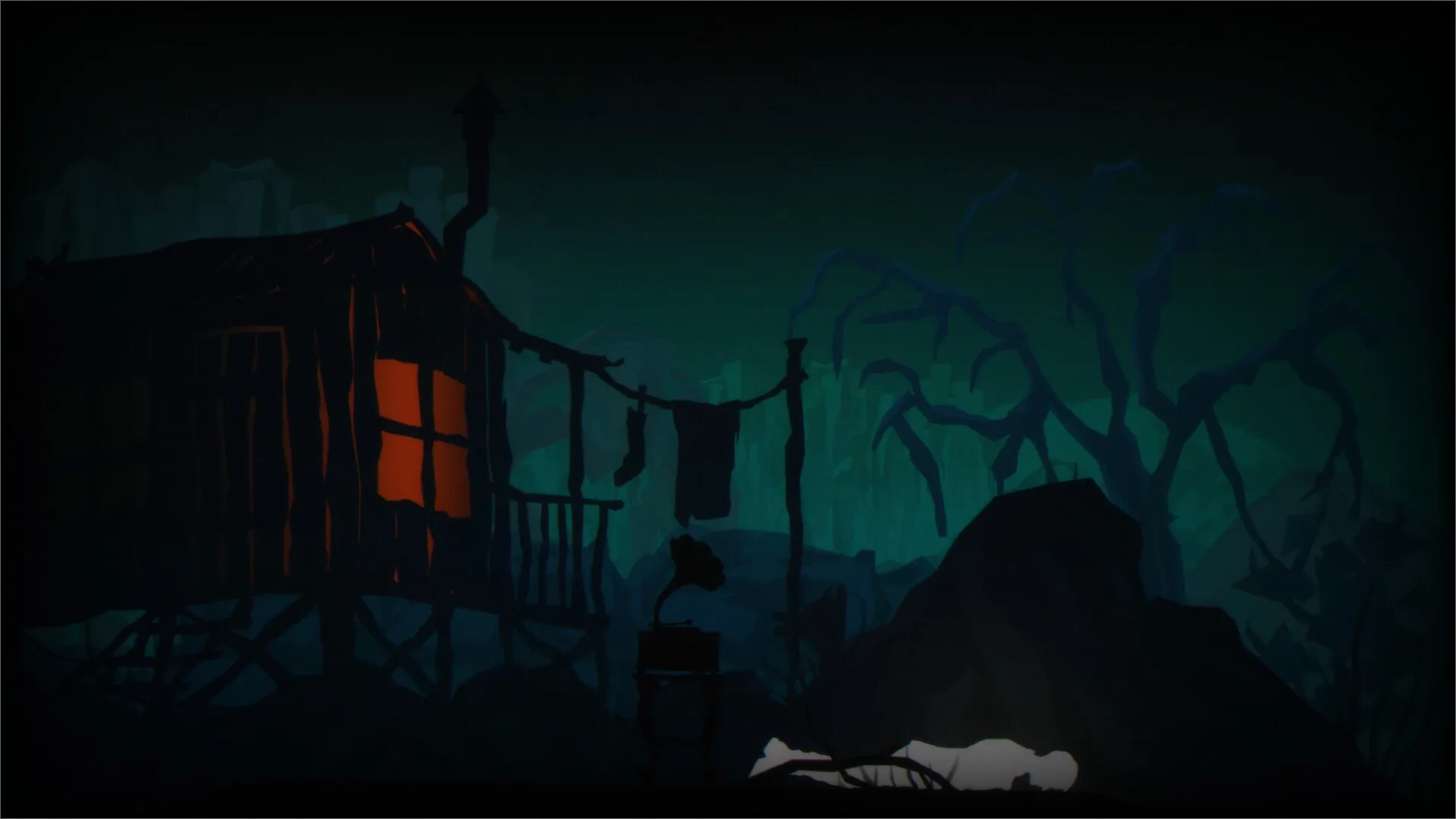 The Cave Diver: Abandoned shack with glowing windows beside eerie trees in dimly lit forest setting