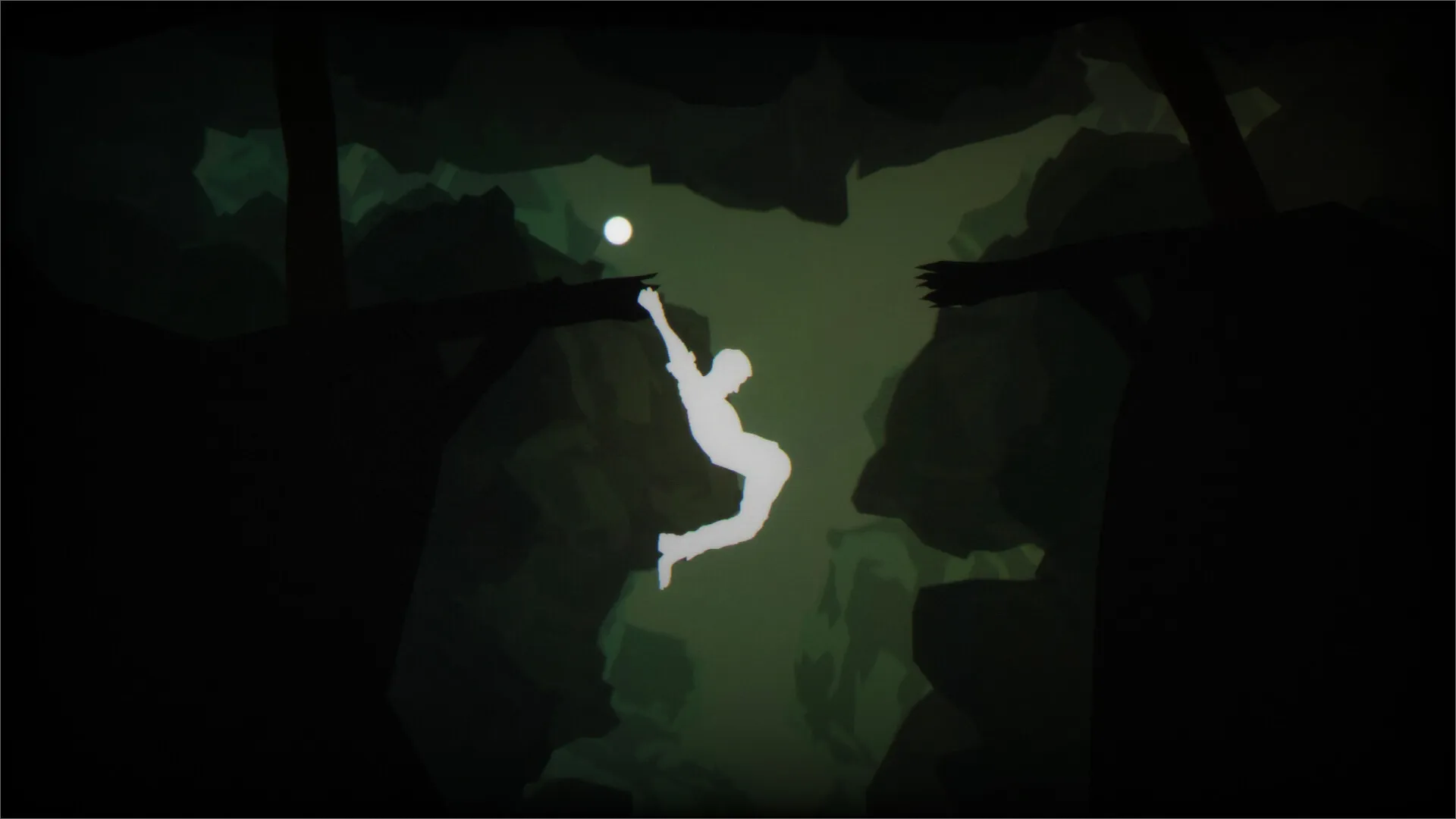 The Cave Diver: Character hangs between cave walls in dimly lit cavern with eerie greenish light