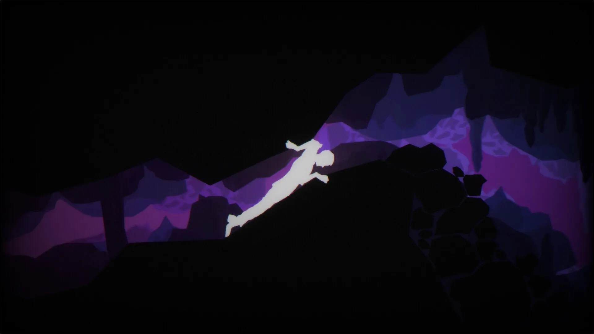 The Cave Diver: Silhouette crawling through narrow, jagged cave passage with eerie purple lighting.