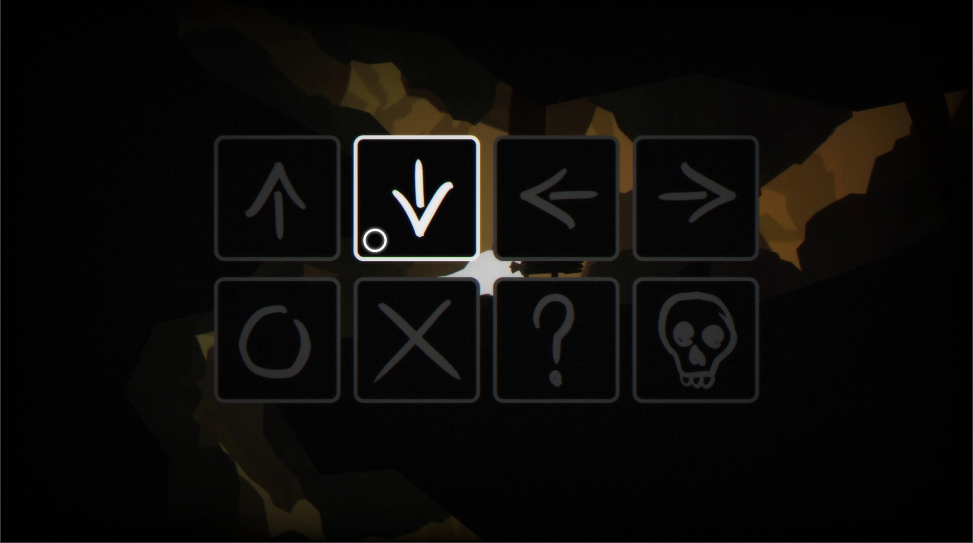 The Cave Diver: Puzzle interface with directional arrows, question mark, and skull icon in dark cave.